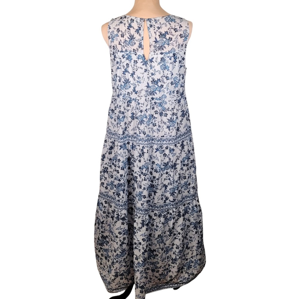 Max Studio Blue Floral Cotton Tiered Midi Dress Cottagecore Boho Coastal Prairie - Picture 6 of 7